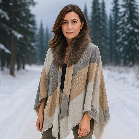 NWT Charter Club Faux Fur Trim Neutral Winter Striped Sweater Poncho Faux Wrap - Picture 1 of 10